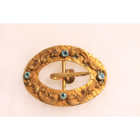Antique 1900s Edwardian Gold Tone Metal and Blue Stone Art Nouveau Belt Buckle