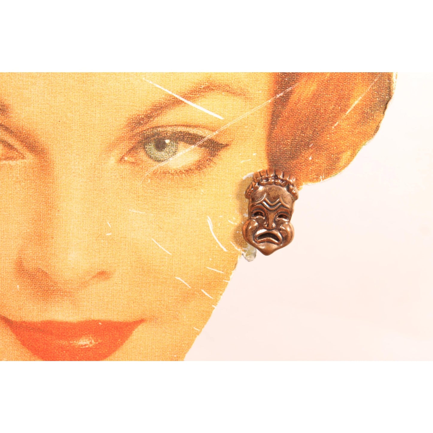 1950s Novelty Comedy and Tragedy Mask Copper Clip On Earrings by Renoir
