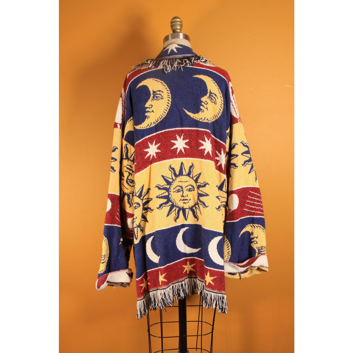 1990s Navy Blue, Yellow, Red and White Novelty Celestial Sun, Moon and Stars Fringe Tapestry Quilt Blanket Jacket Coat -M-XL