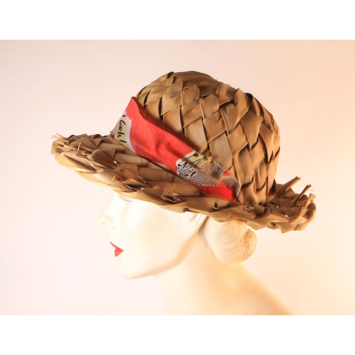 1950s Straw Wicker Woven Novelty Girls Woman Fabric Headband Sun Hat