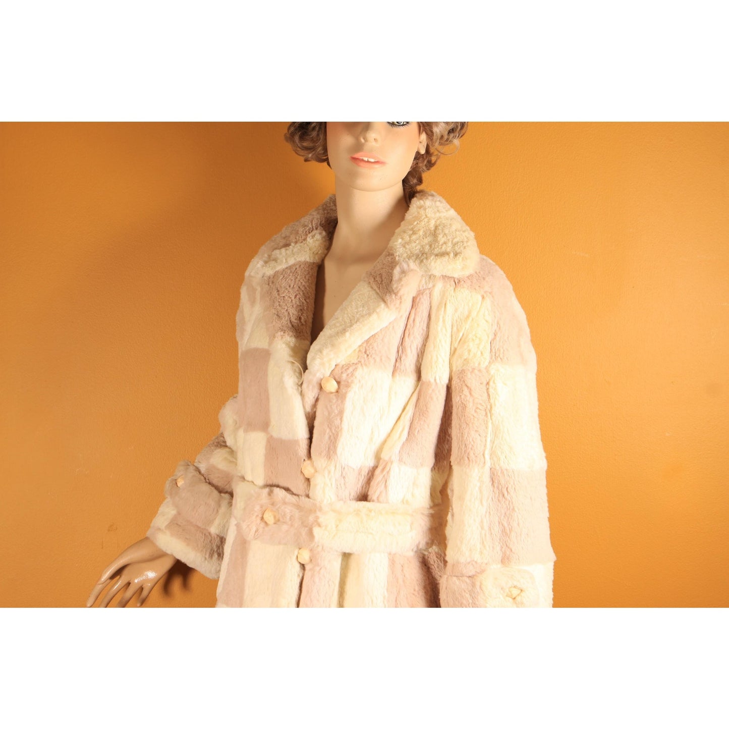 1960s Light Pink and White Sheared Dyed Chinchilla Fur Checkerboard Mod Belted Coat by Famous Barr -M-L