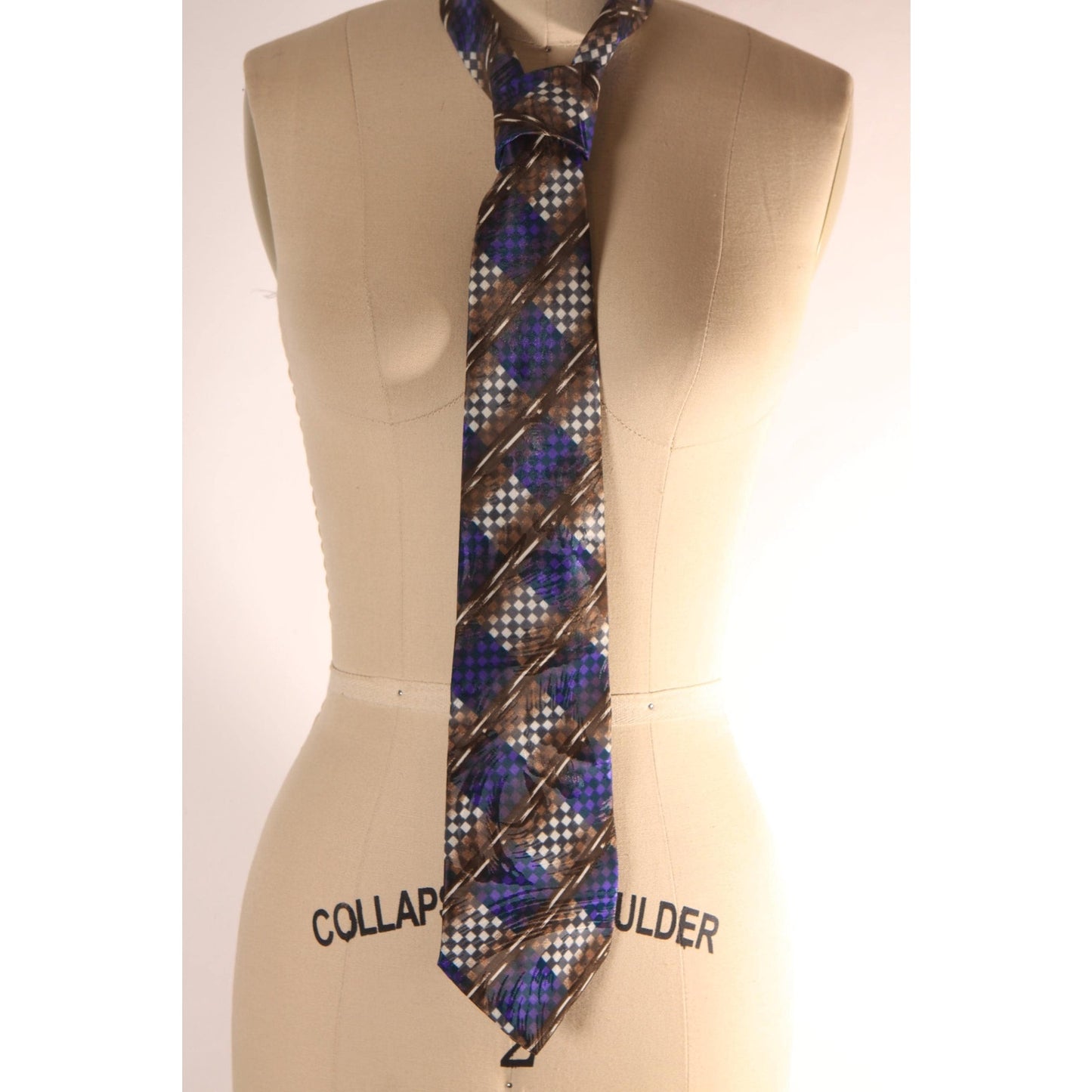 1980s 1990s Navy Blue, Tan and Gray Geometric Necktie Tie by Manhattan