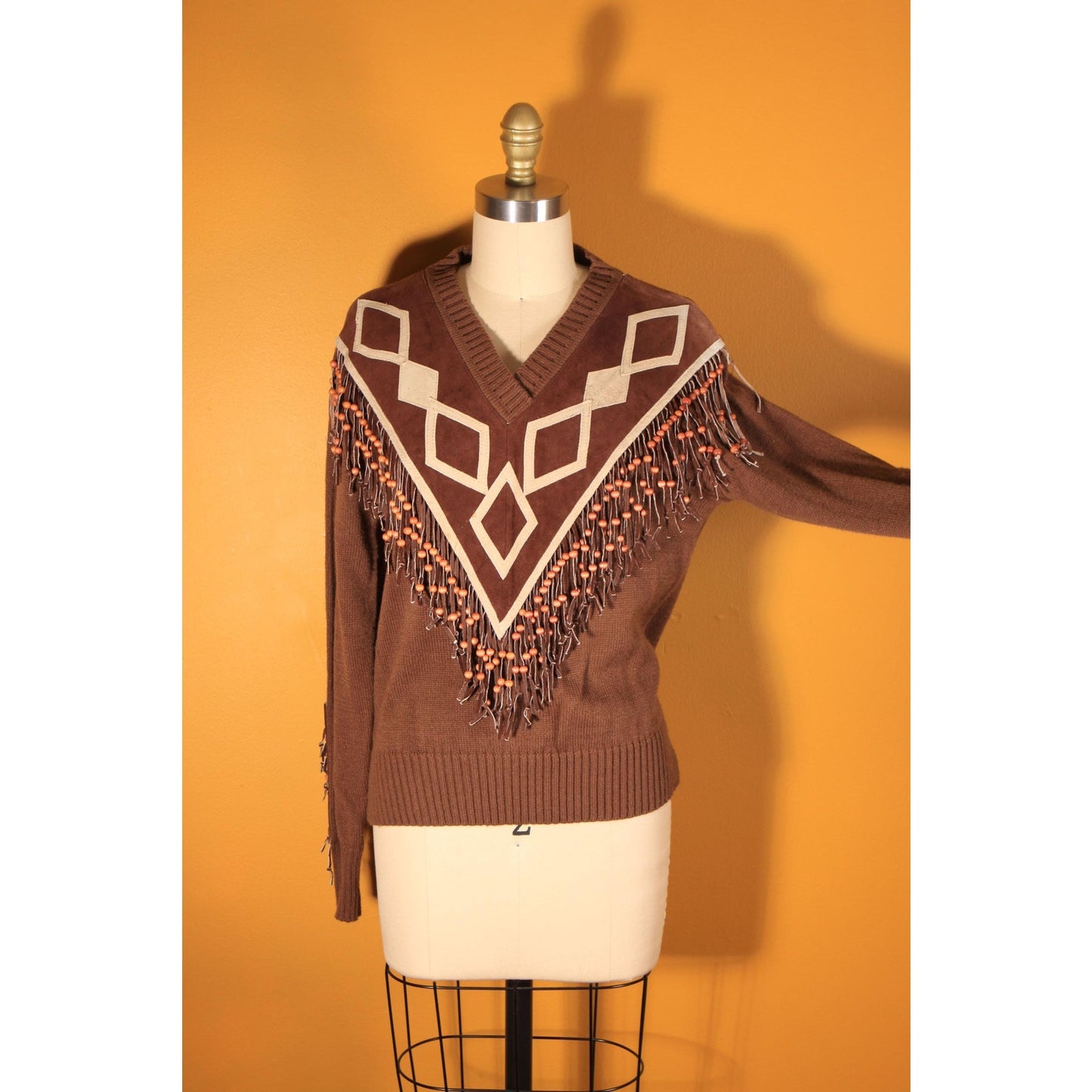 1970s Brown Suede Leather Fringe Beaded Pullover Sweater by Miller Miller Miller -L