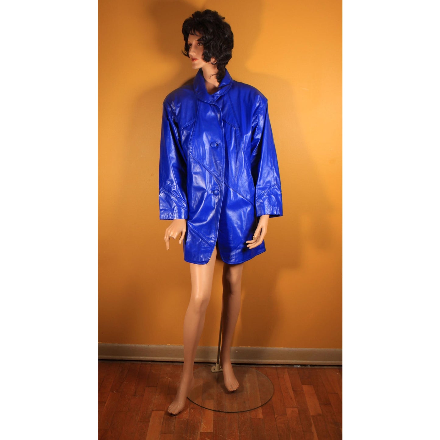 1980s Bright Blue Leather Button Down Long Sleeve Coat by Comint Leather -S