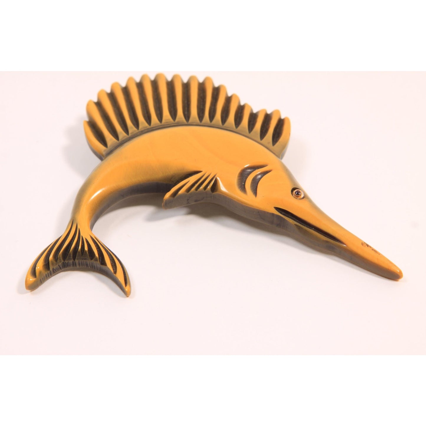 1940s 1950s Novelty Yellow Carved Bakelite Marlin Sailfish Swordfish Brooch