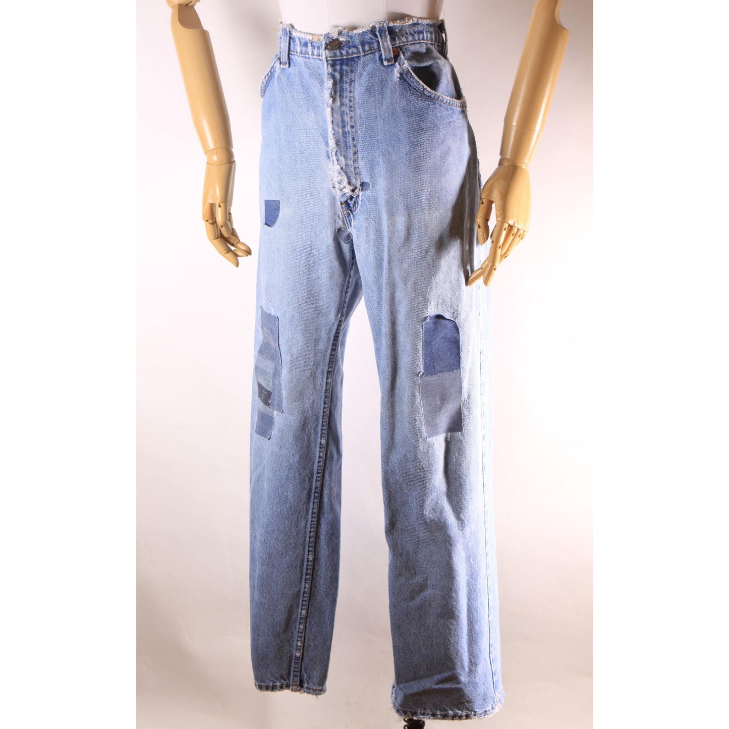 1980s Distressed Patch Fraying Blue Denim Orange Tab 517 Jeans by Levi's -38x30