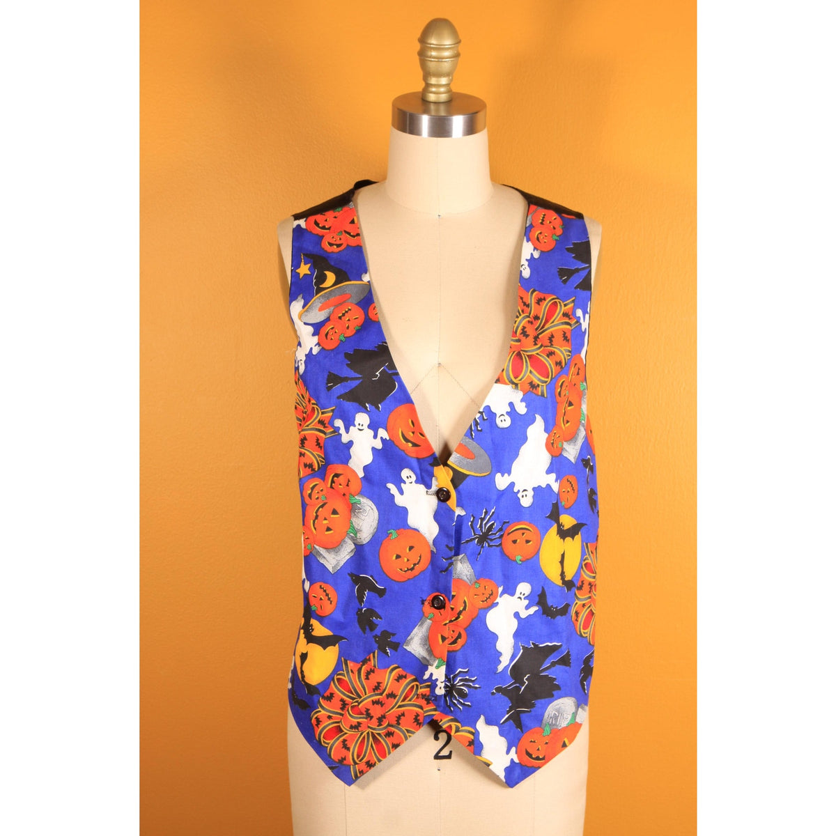 1980s 1990s Blue, Black and Orange Novelty Ghost, Jack-o-Lanterns and Bats Halloween Vest by Ceci -S-M