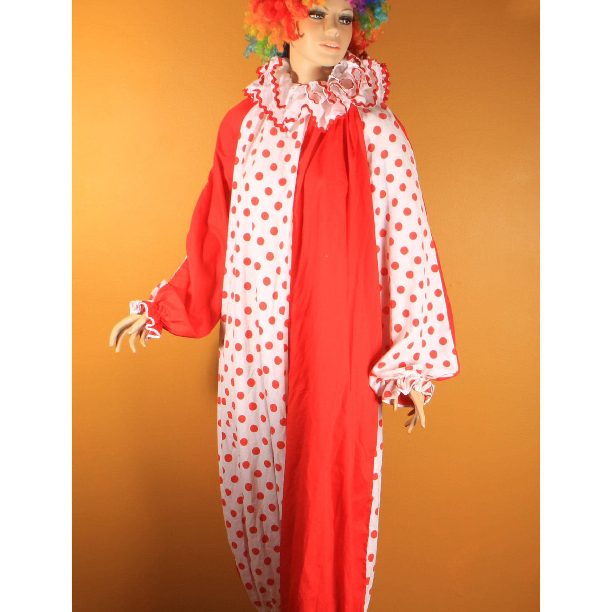 1960s 1970s Red and White Polka Dot Ruffle Collar One Piece Clown Costume