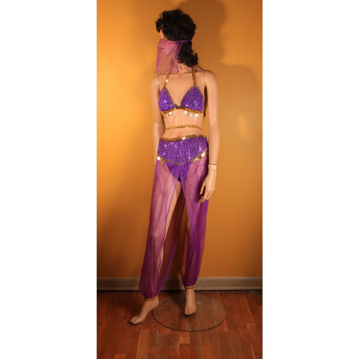 Y2K 2000s Purple and Gold Faux Coin Bikini Top with Matching Pants, Band and Face Veil Genie Costume by Fredericks of Hollywood -L