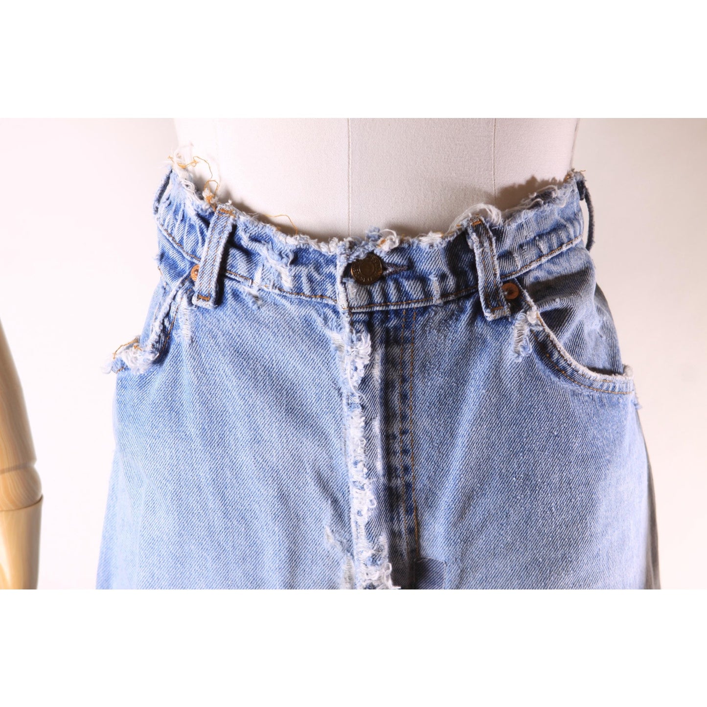 1980s Distressed Patch Fraying Blue Denim Orange Tab 517 Jeans by Levi's -38x30