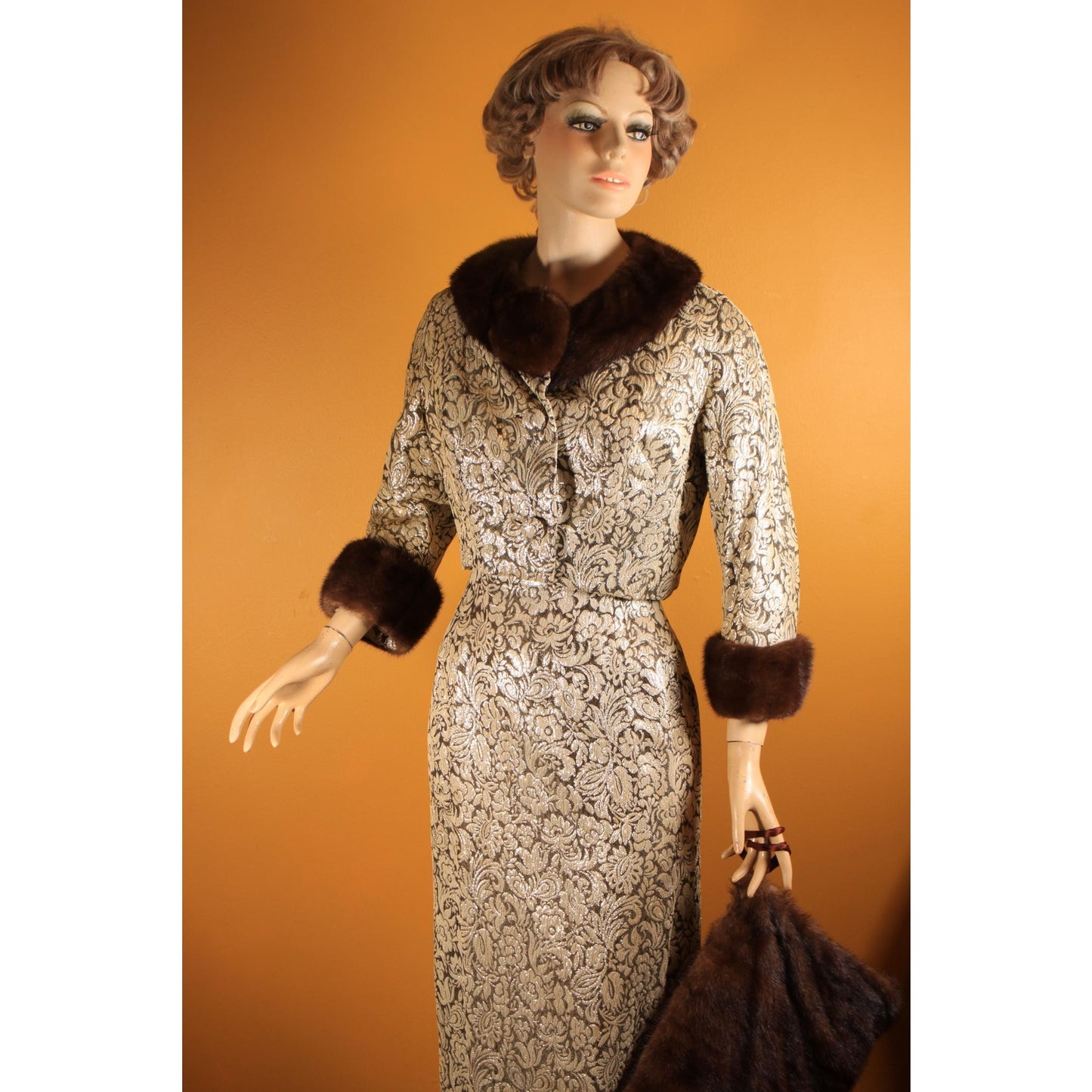 Early 1950s Gold & Brown Lurex Floral Mink Fur Trim Sleeveless Cocktail Dress with Matching Cropped Jacket and Muff by Terry Allen Original