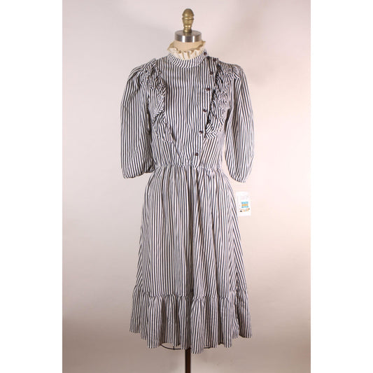 Late 1970s Black and White Striped Half Sleeve Prairie Cottagecore Ruffle Button Down Dress -XS-S