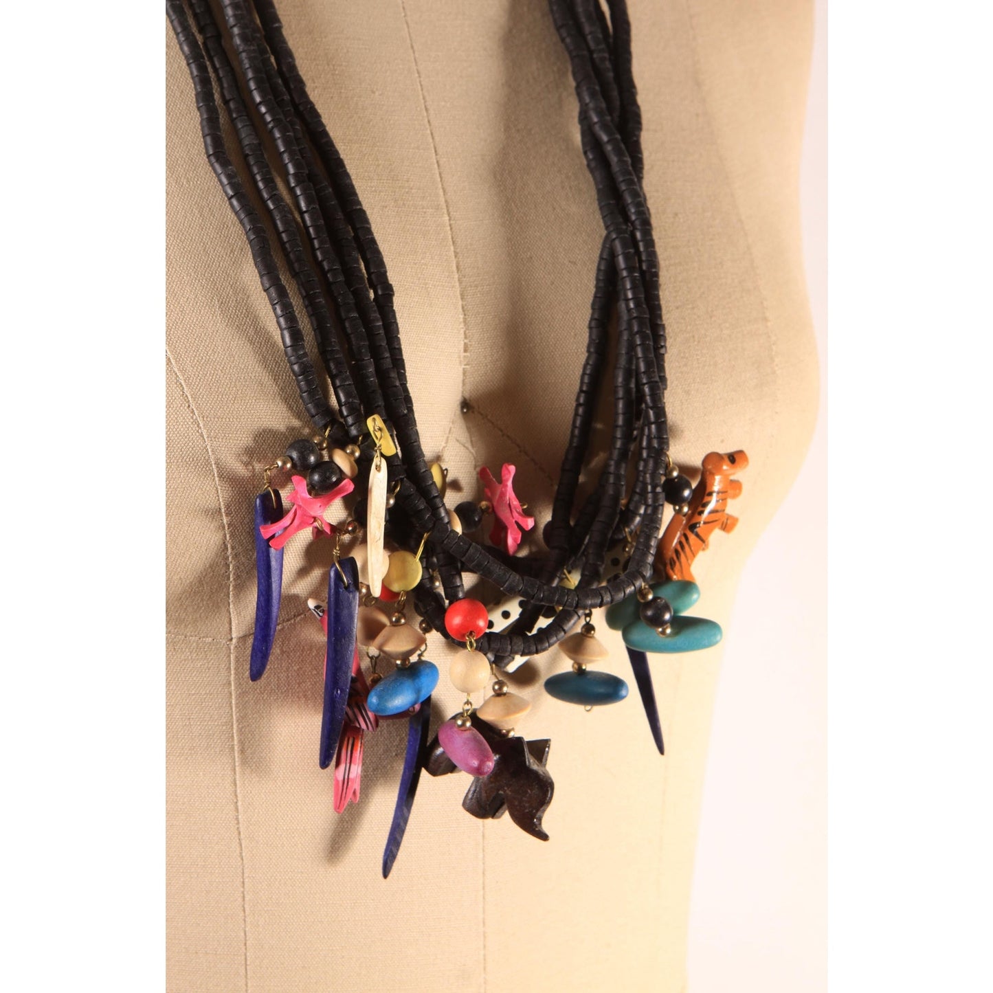 1980s Black and Multi-Colored Abstract Wood Beaded Novelty Animal Multi-Strand Necklace