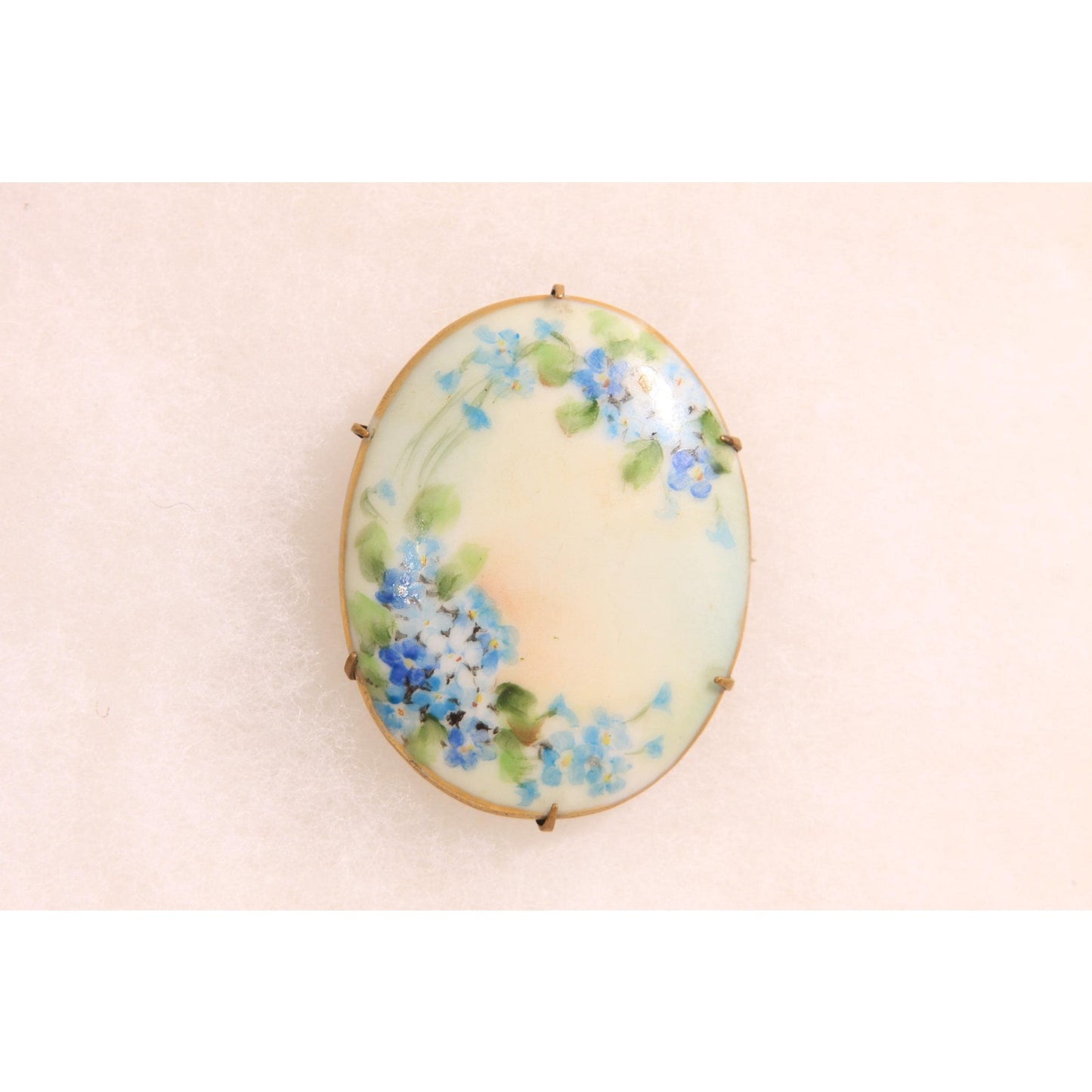 Antique Victorian 1800s Cream, Blue and Green Floral Hand Painted Porcelain Brooch