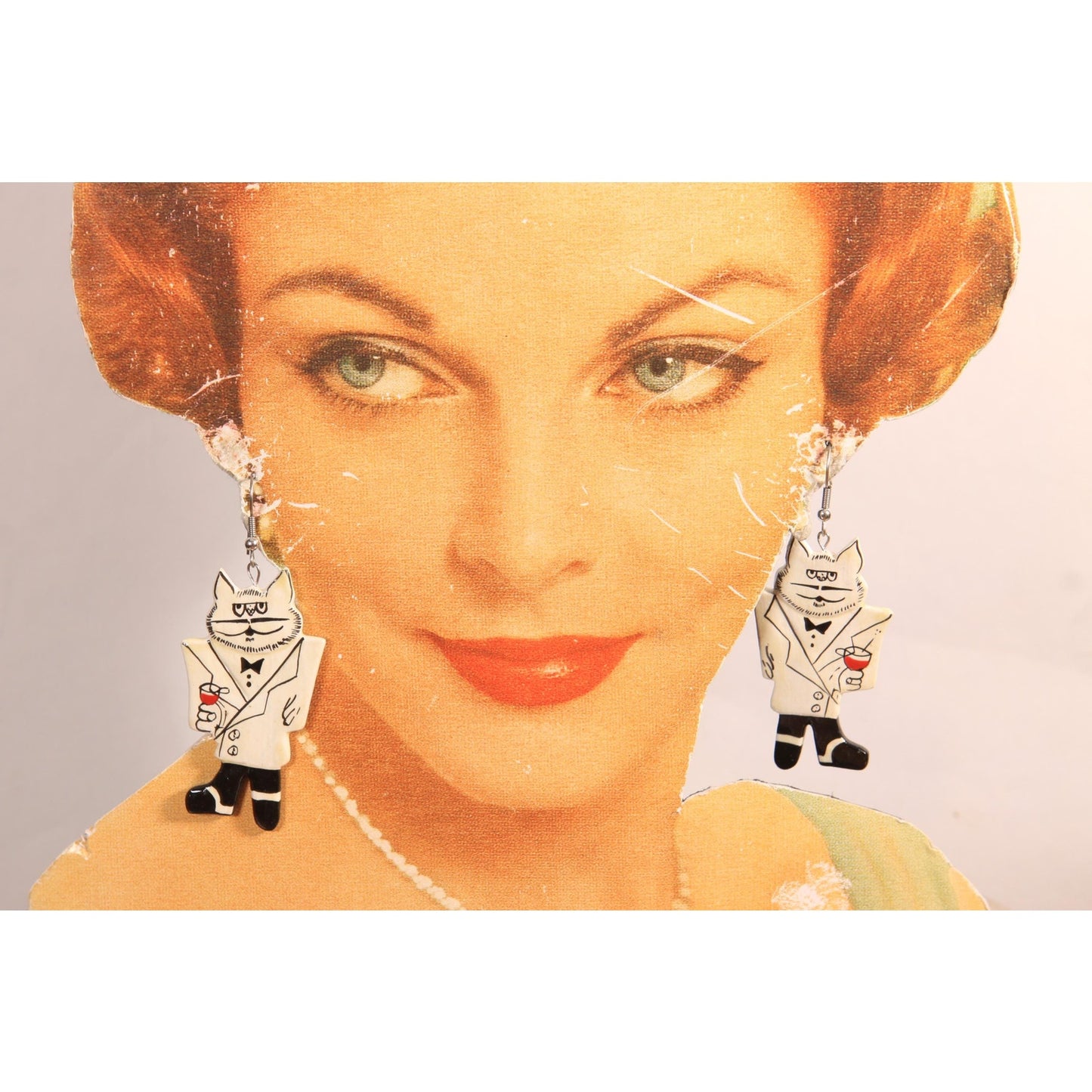 1980s Novelty Painted Wood Cat in a Tuxedo Dangling Pierced Earrings