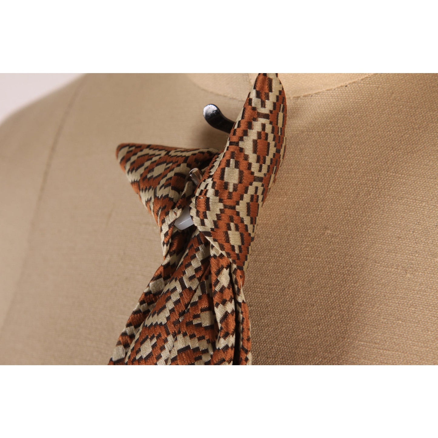 1960s Brown and Cream Off White Geometric Clip On Necktie Tie by Rhynecliffe