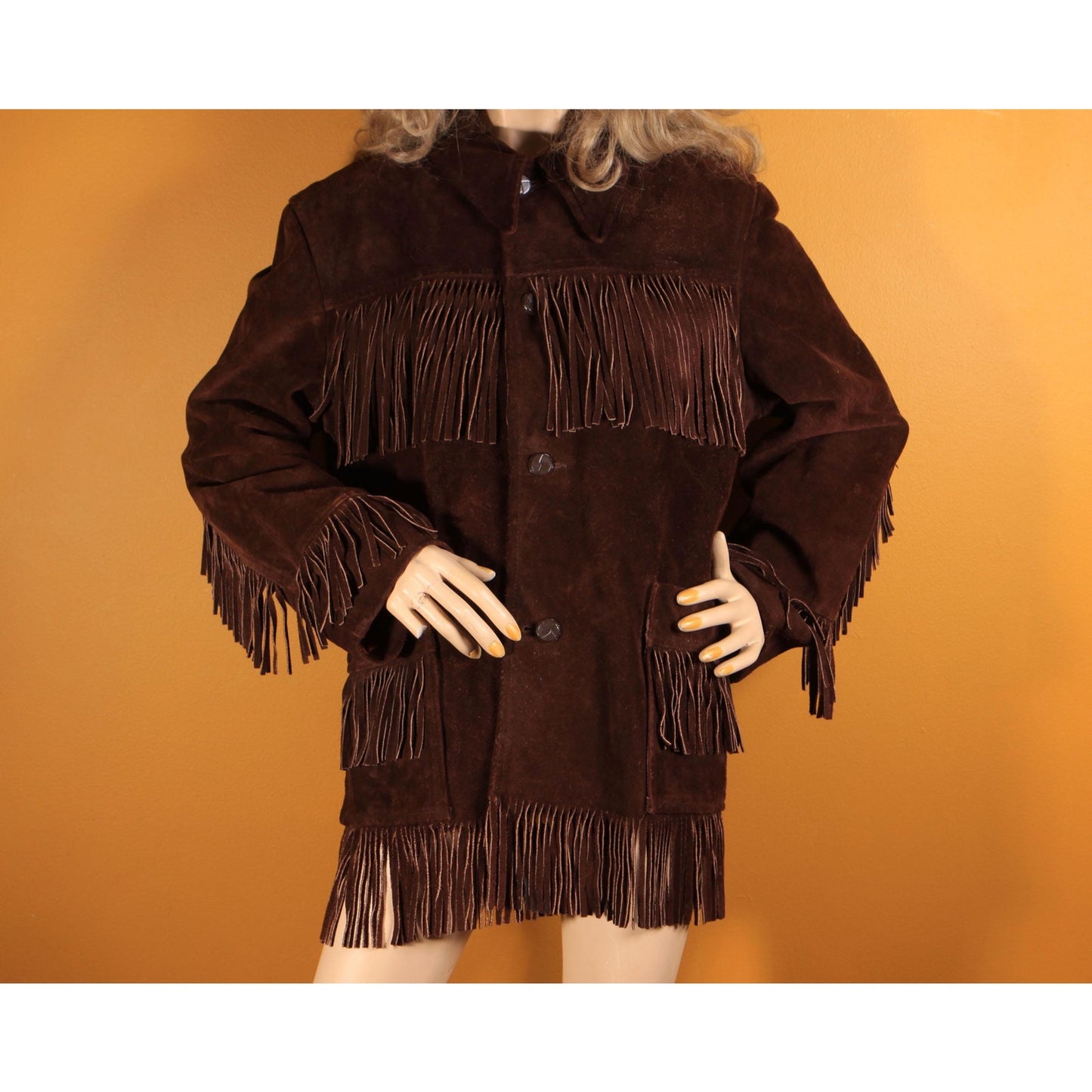 1970s Dark Brown Long Sleeve Fringe Western Suede Leather Mens Coat by Rice Sports Wear -M-L