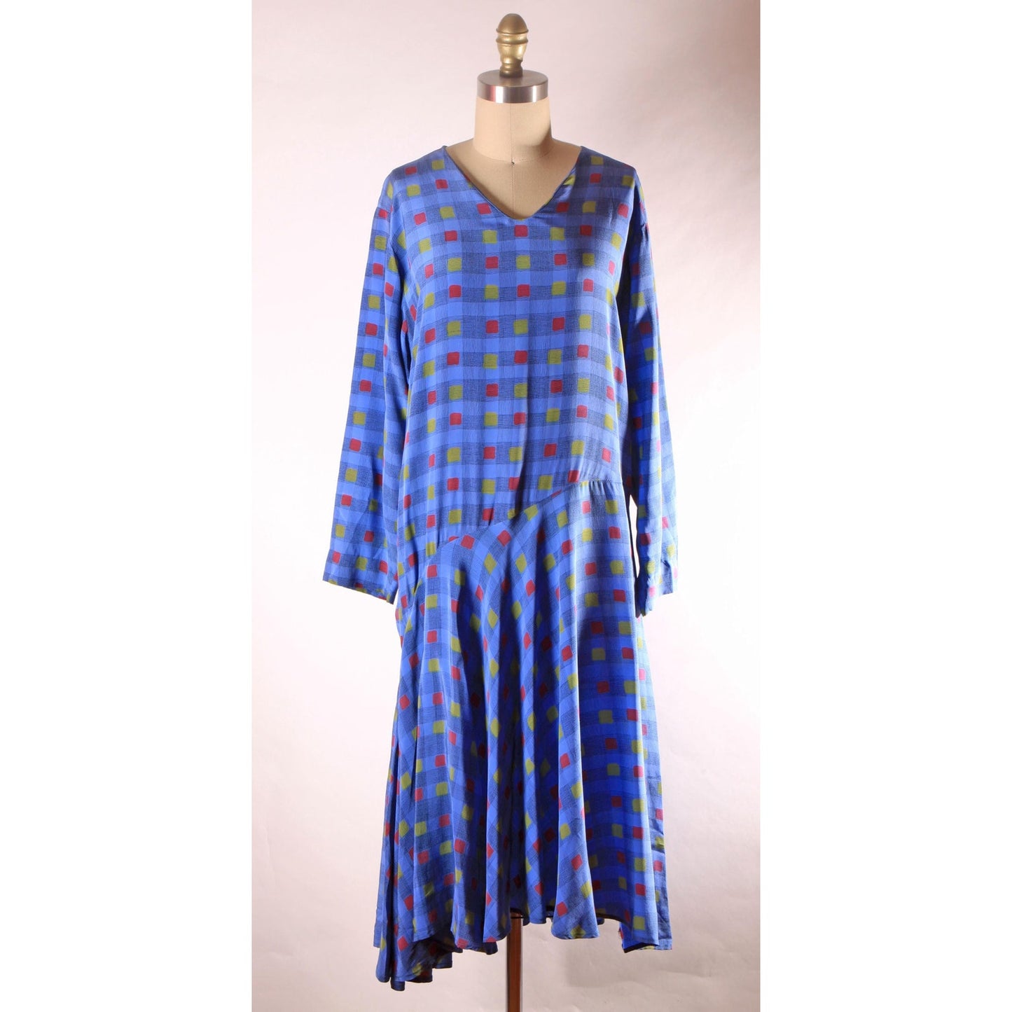 1970s Long Sleeve Blue, Black, Red and Yellow Asymmetrical Drop Waist V Neck Geometric Plaid Dress by Valentino