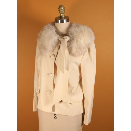 Early 1960s Cream Off White Button Down Fox Fur Scarf Collar Long Sleeve Suit Jacket by Lilli Ann -M-L