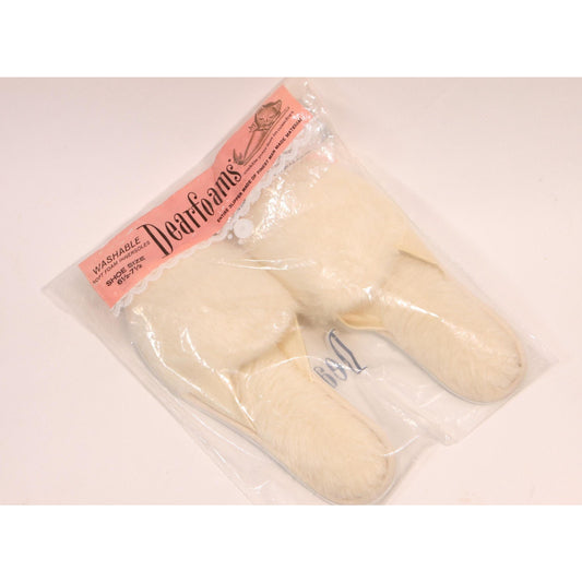 Deadstock 1950s 1960s Cream off White Fuzzy Faux Fur Slippers by Dearfoams-Size 6 1/2-7 1/2