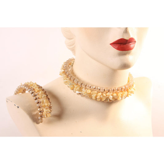 1950s Faux Pearl and Mother of Pearl Chip Wired Choker Necklace with Matching Bracelet