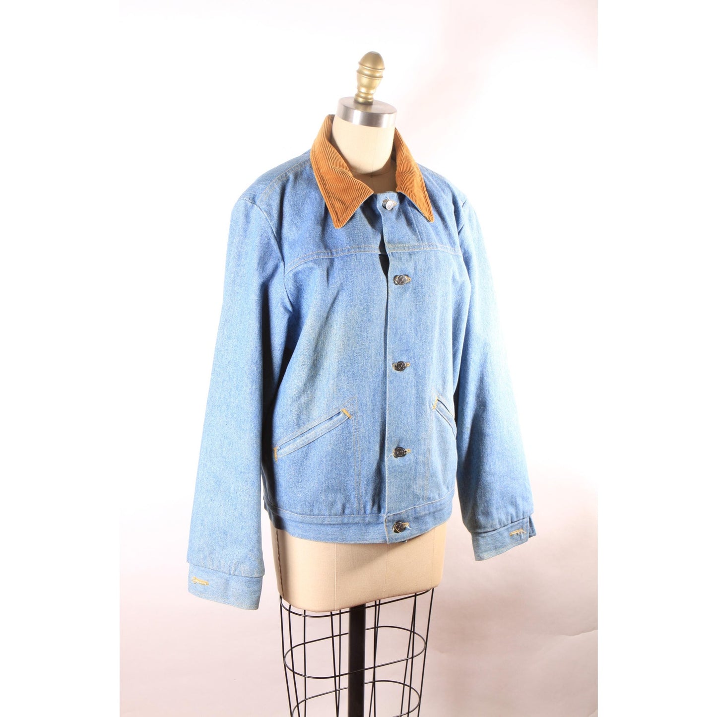 1970s Blue Denim Metal Snap Corduroy Trim Faux Fur Lined Western Work Wear Western Chore Coat by Wrangler -L