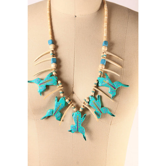 1980s Cream and Blue Green Novelty Wood Carved Frog Beaded Necklace