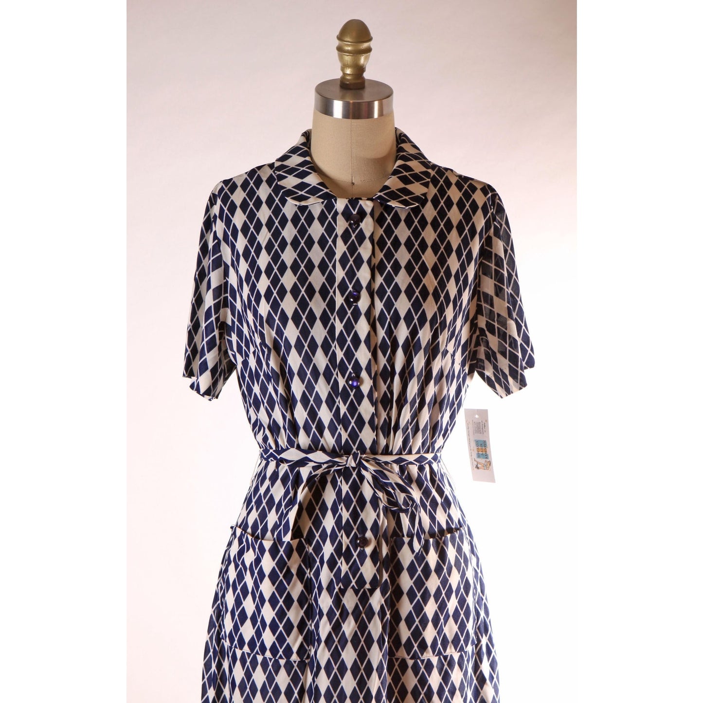 1960s Blue and White Harlequin Print Short Sleeve Belted Dress by RS Apparel -L