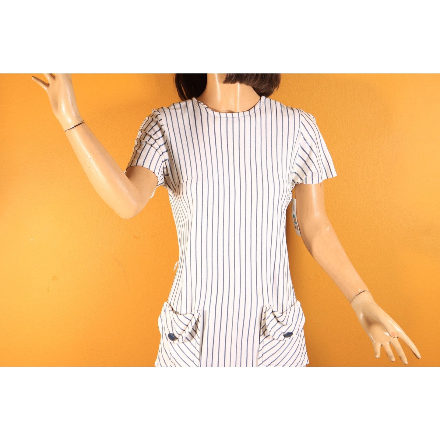 1960s White and Blue Striped Pocket Short Sleeve Dress