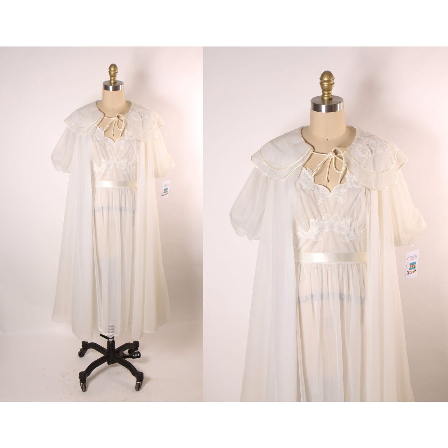 1950s Sheer White Floral Spaghetti Strap Ribbon Tie Nightgown with Matching Short Sleeve Negligee Robe Peignoir Lingerie Set by Vanity Fair
