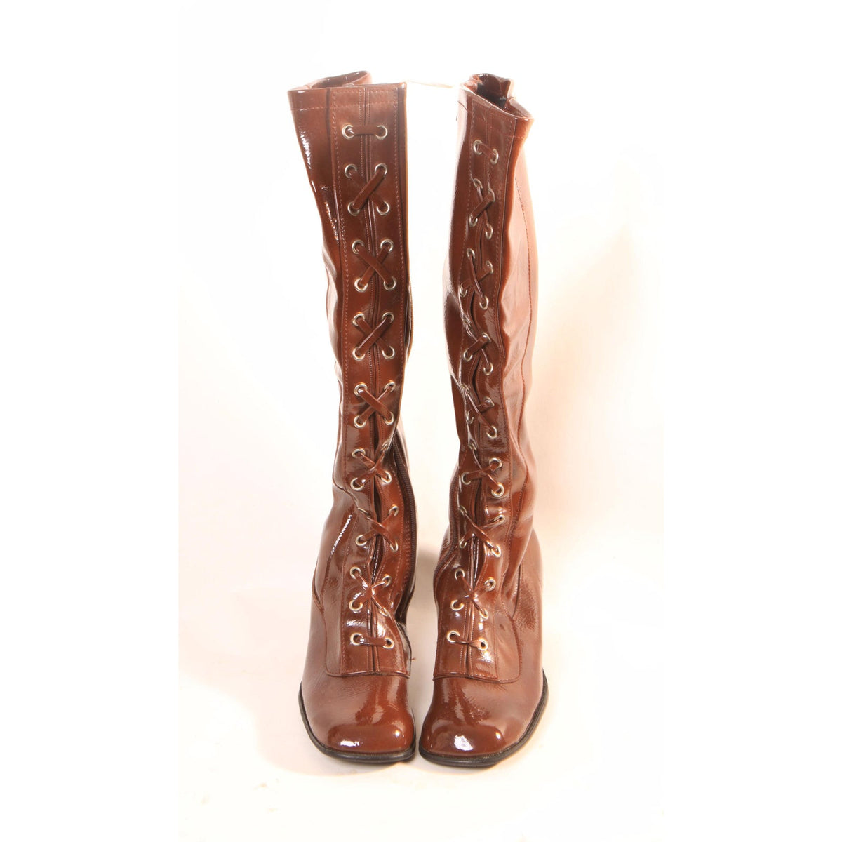 Deadstock 1960s Brown Vinyl Criss Cross Lace Up Zippered Go Go Boots -Made in Japan -Size 5 and Size 6