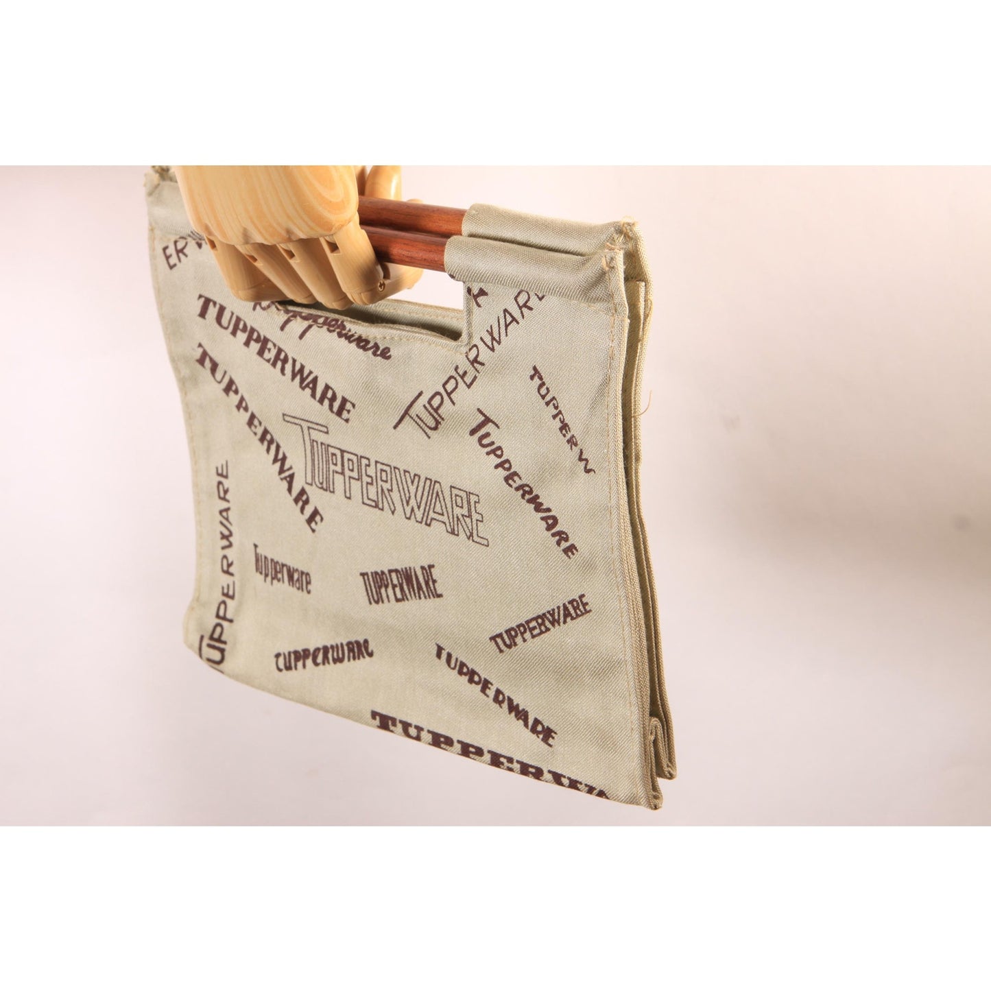 Deadstock 1970s Tan and Brown Novelty Tupperware Advertisement Wood Top Handle Purse Bag