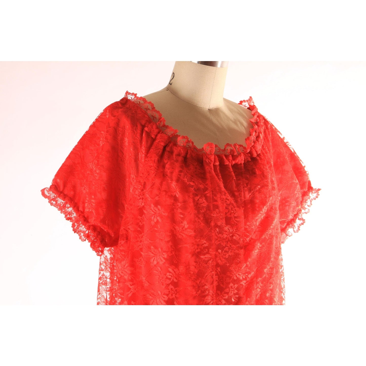 1960s 1970s Sheer Red Lace Overlay Short Sleeve Off the Shoulder Lingerie Night Gown -2XL
