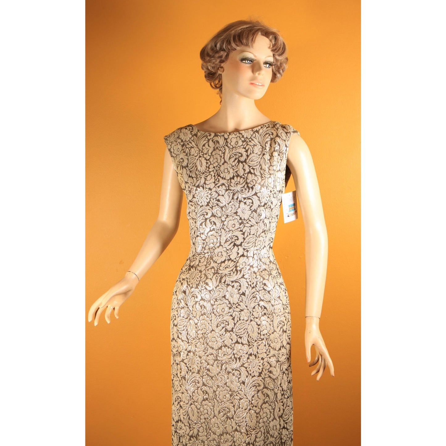 Early 1950s Gold & Brown Lurex Floral Mink Fur Trim Sleeveless Cocktail Dress with Matching Cropped Jacket and Muff by Terry Allen Original
