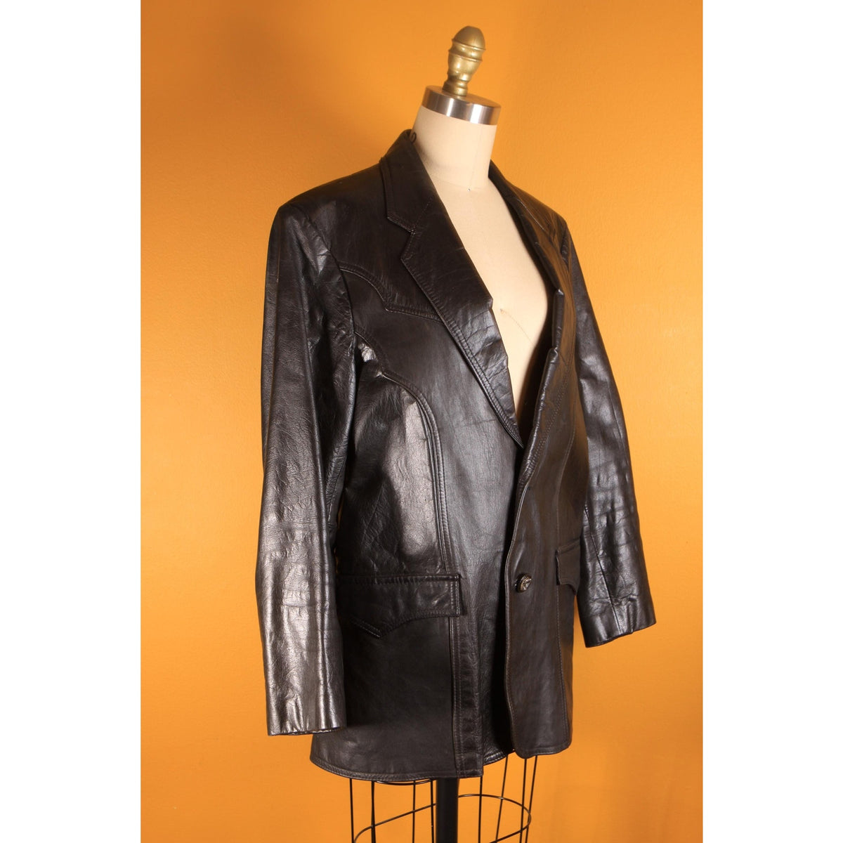 1970s Black Leather Western Style Long Sleeve Lined Mens Jacket by Pioneer Wear -L