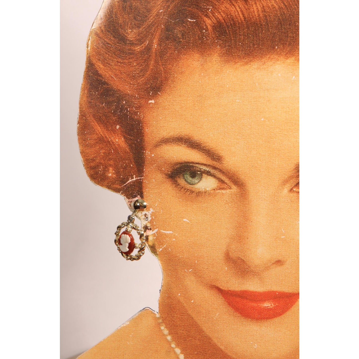 1950s Gold Tone Metal Cameo Screw Back Earrings with Matching Necklace Pendant
