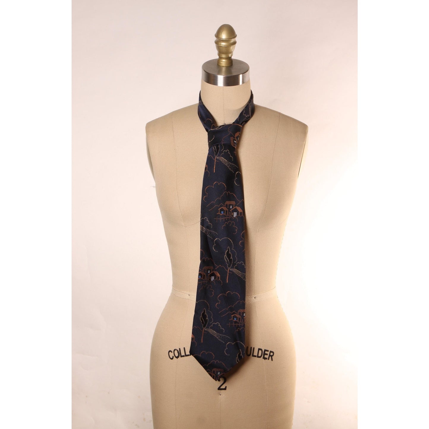 1970s Navy Blue, Brown and White Novelty House Print Polyester Necktie Tie by Carriage Cravats