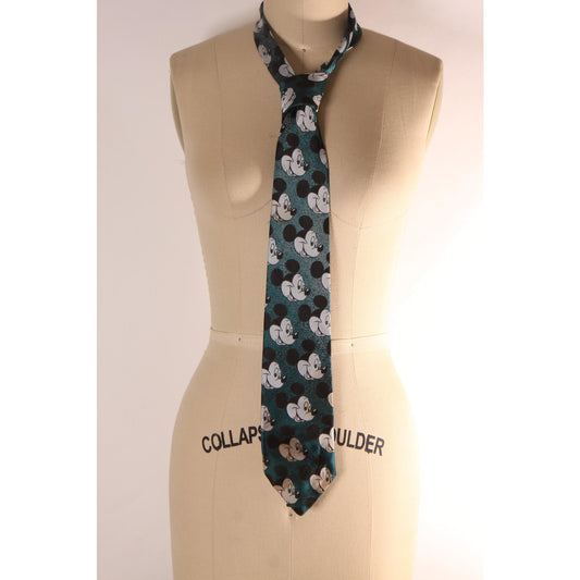 1980s Teal Blue, White and Black Novelty Mickey Mouse Necktie