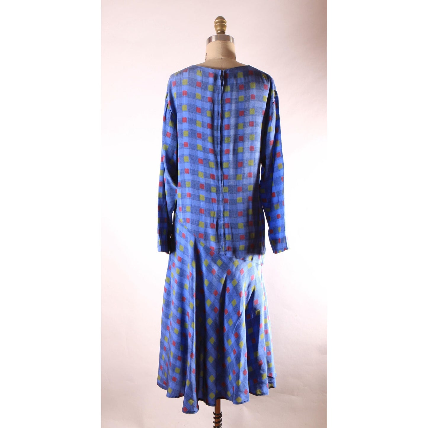 1970s Long Sleeve Blue, Black, Red and Yellow Asymmetrical Drop Waist V Neck Geometric Plaid Dress by Valentino