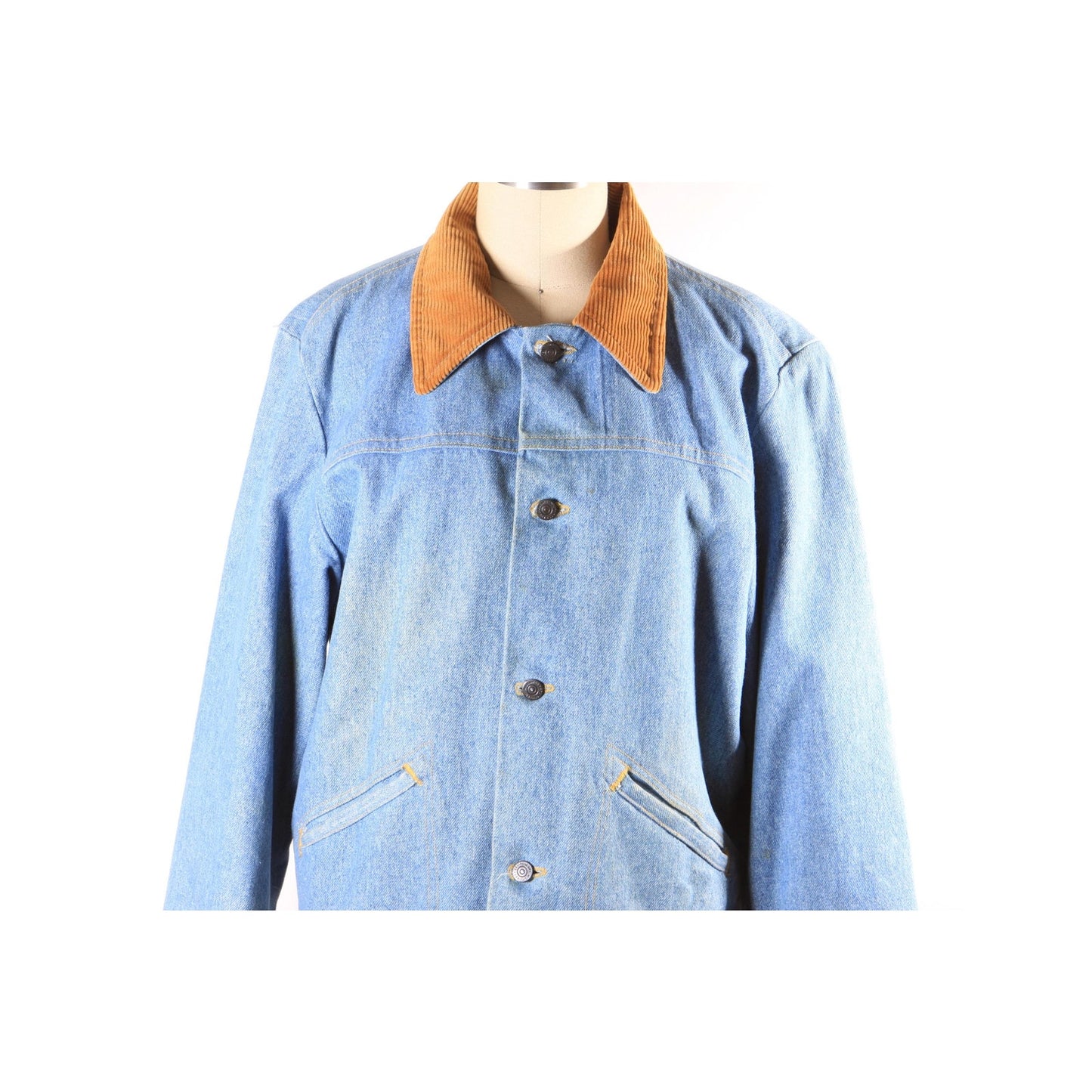 1970s Blue Denim Metal Snap Corduroy Trim Faux Fur Lined Western Work Wear Western Chore Coat by Wrangler -L