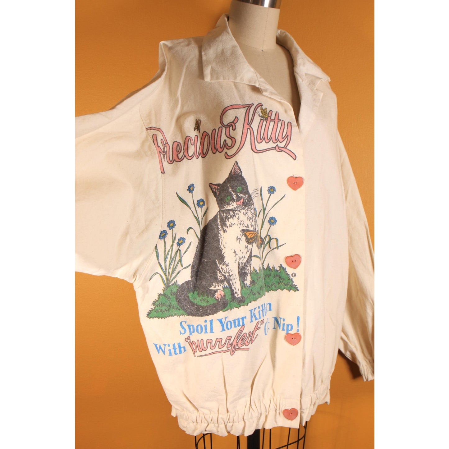 Deadstock 1980s Cream Off White Novelty Precious Kitty Heart Button Down Flour Feed Sack Jacket