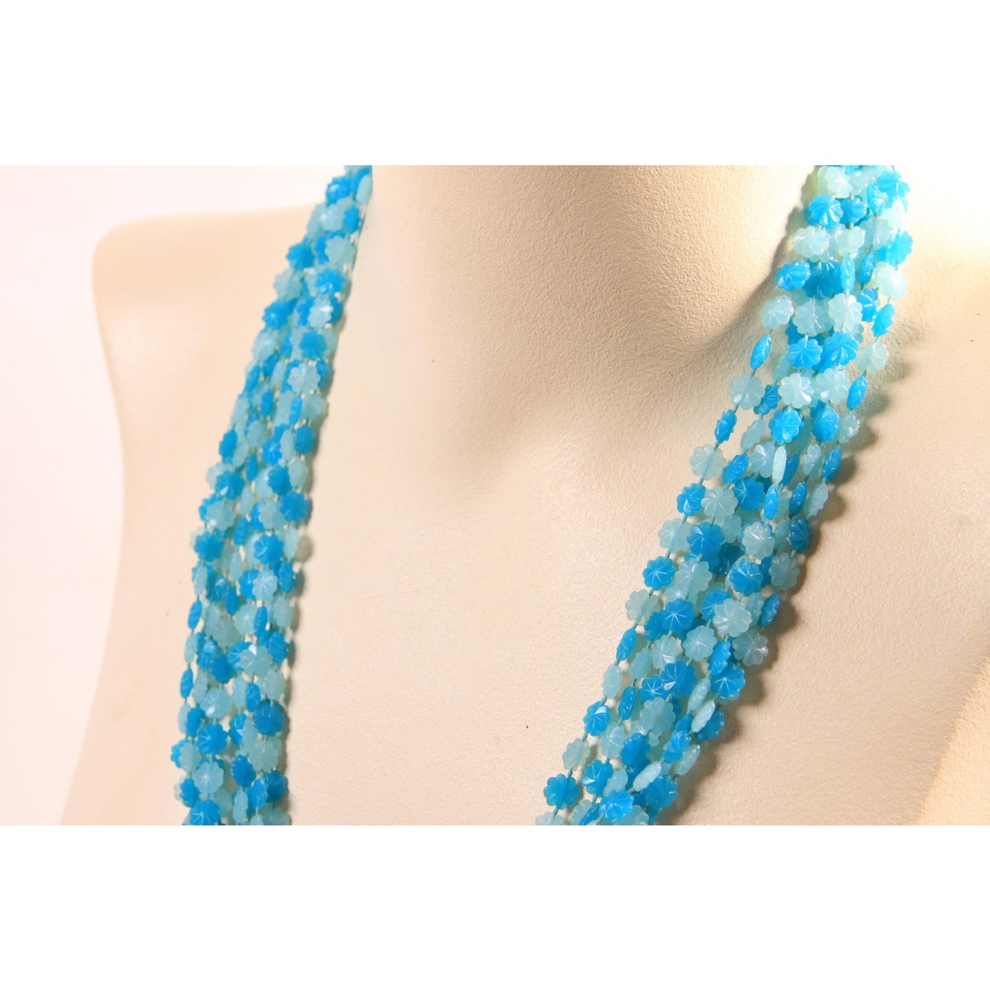1960s Turquoise Blue Flower Floral Shaped Beaded Multi-Strand Necklace