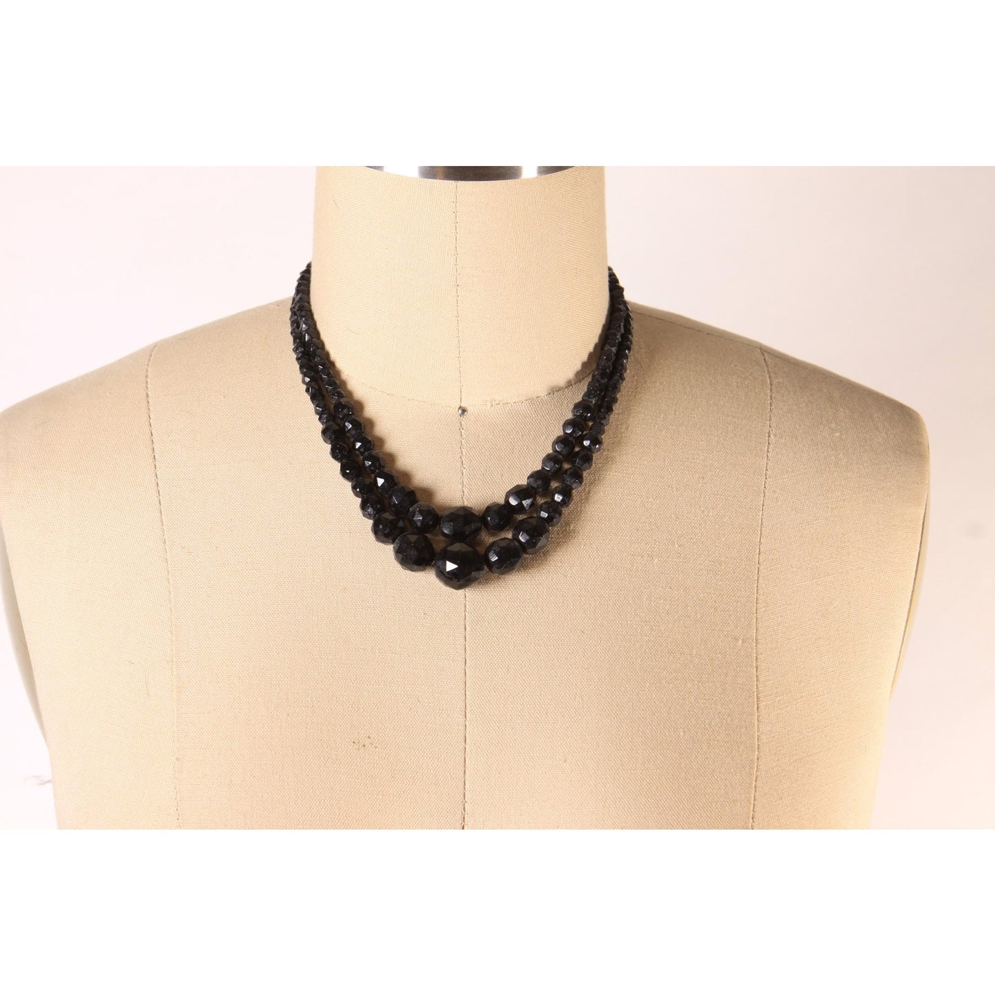 1930s Black Glass Faceted Beaded Double Strand Necklace