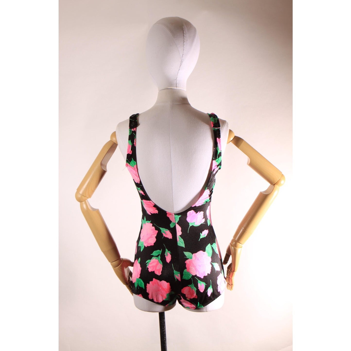 1970s 1980s Black, Pink and Green Floral One Piece Swimsuit by Maxine of Hollywood -M-L