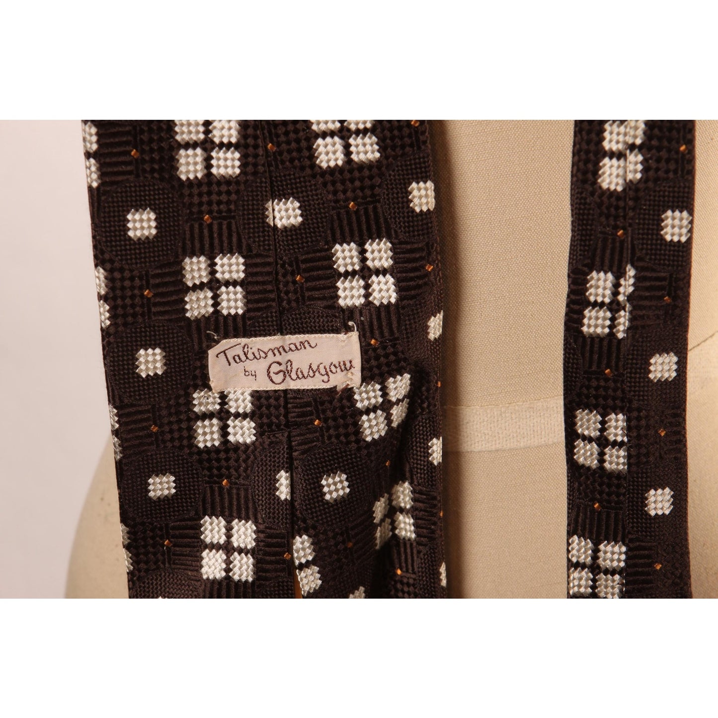 1960s Dark Brown and White Silk Geometric Wide Necktie Tie by Talisman by Glasgow