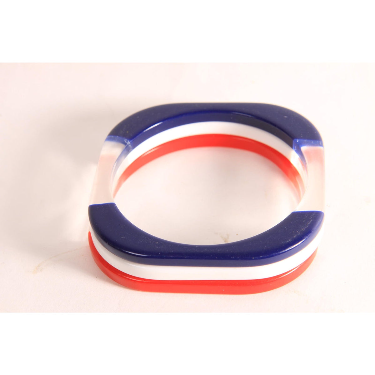 1970s 1980s Clear, Red, White and Blue Square Plastic Lucite Stack of 3 Bangle Bracelets
