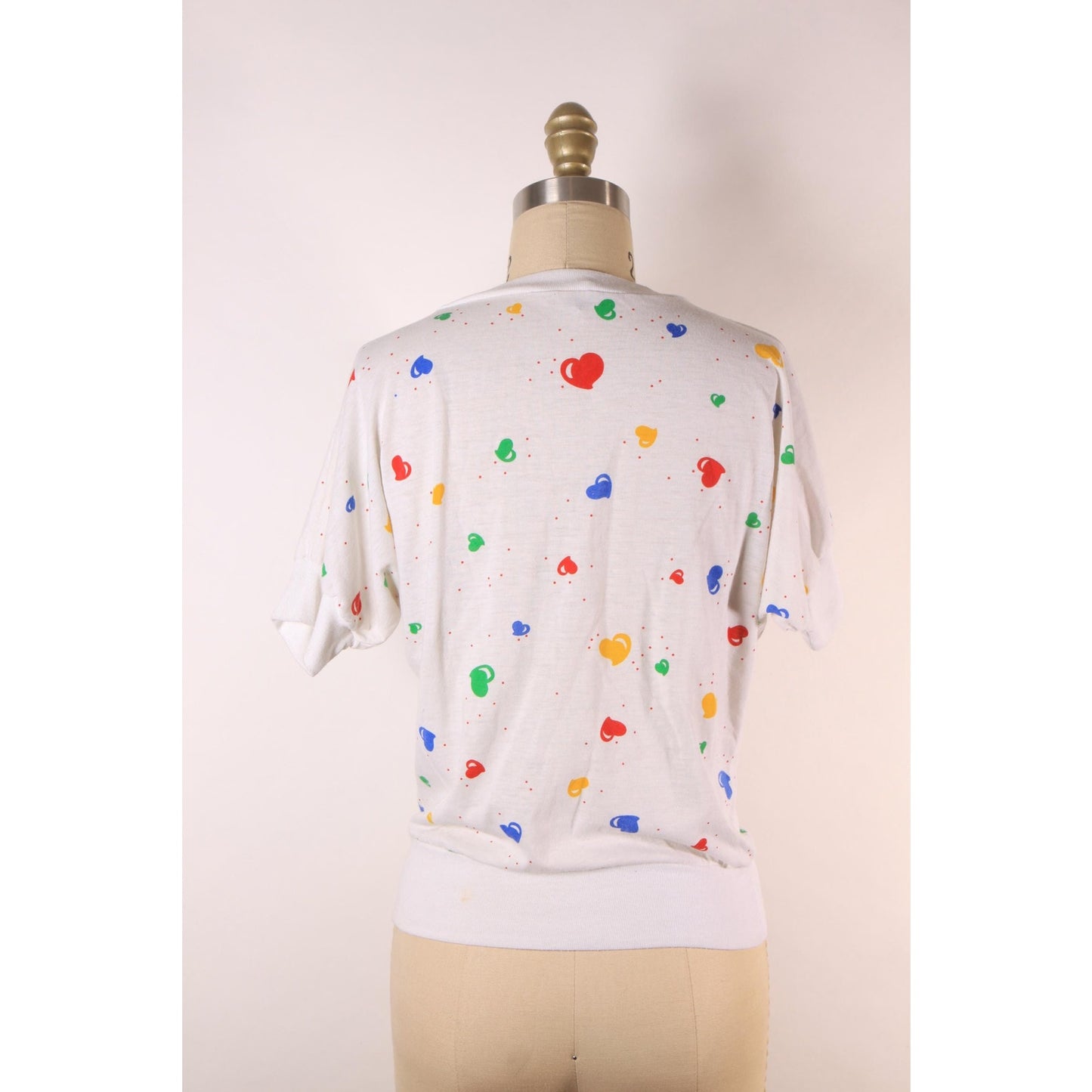 1980s White, Red, Yellow, Blue and Green Novelty Clowncore Heart Print Short Sleeve T-Shirt -S