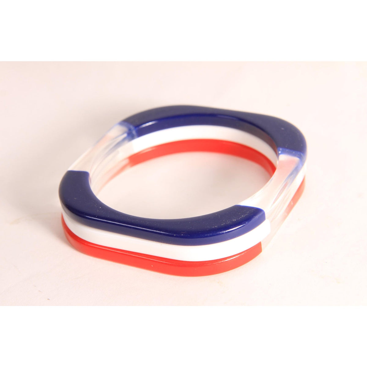 1970s 1980s Clear, Red, White and Blue Square Plastic Lucite Stack of 3 Bangle Bracelets