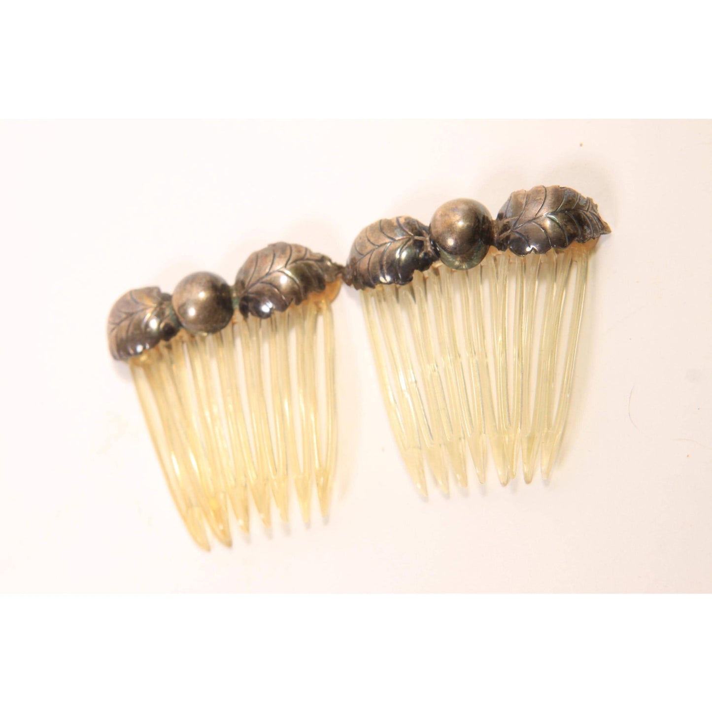 1920s 1930s Silver Leaf Metal and Plastic Set of 2 Hair Combs