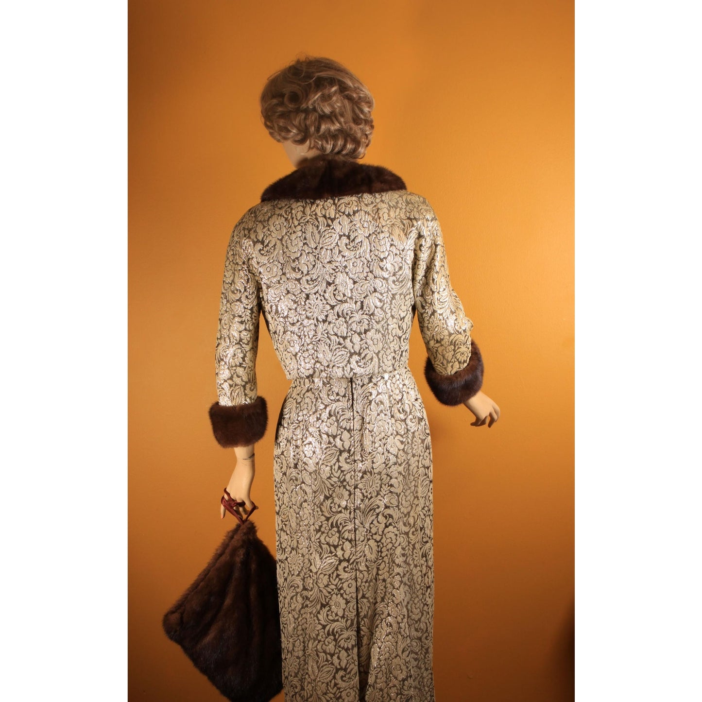 Early 1950s Gold & Brown Lurex Floral Mink Fur Trim Sleeveless Cocktail Dress with Matching Cropped Jacket and Muff by Terry Allen Original